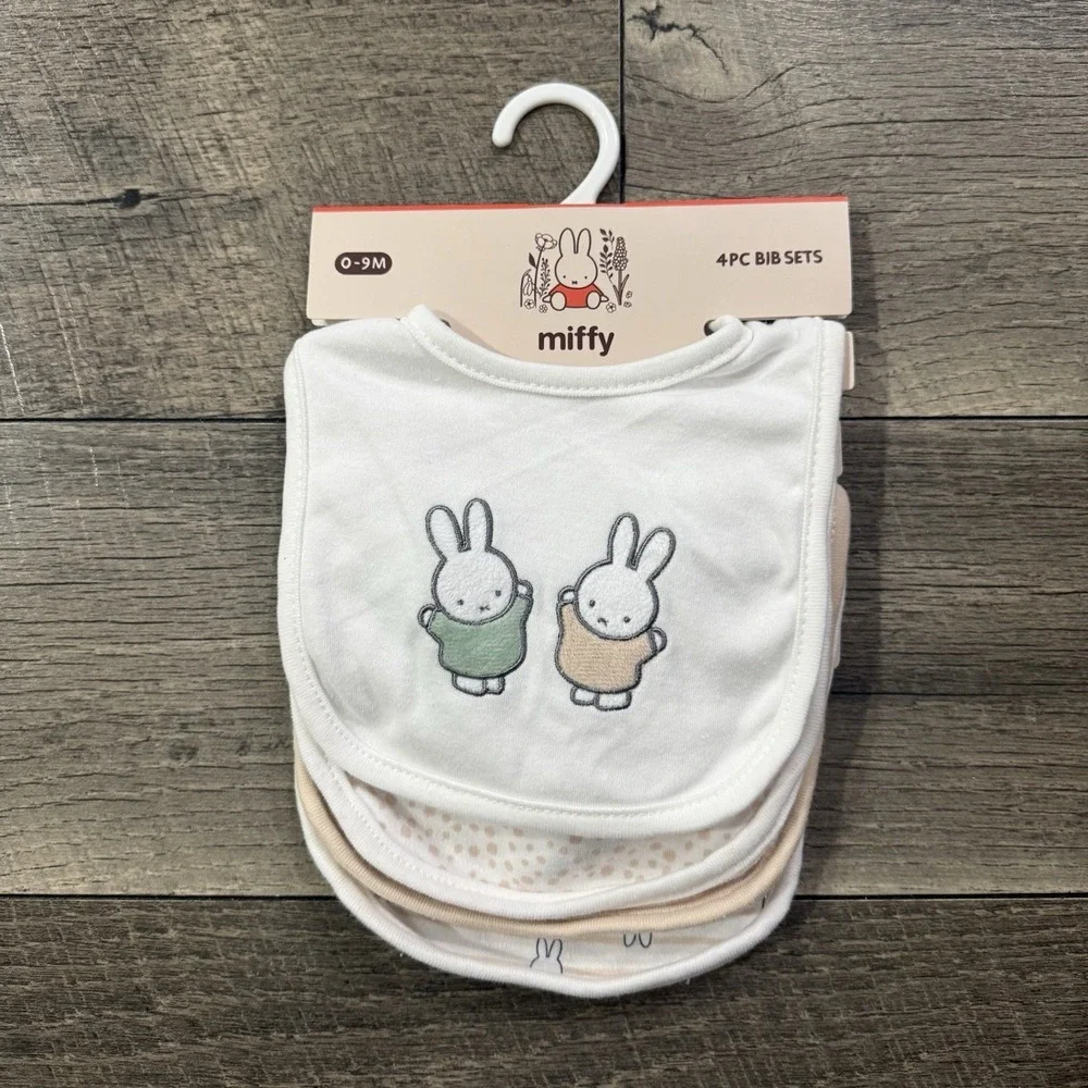 MIFFY Bunny Baby Bib Set 4 Pc Stripes White Beige Kawaii 0-9 Months One Size NWT